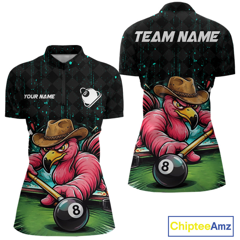 Funny Flamingo Play 8 Ball Pool Billiard Shirt For Women Custom Teal Splatter Billiard Pool Team Shirt NYN3093