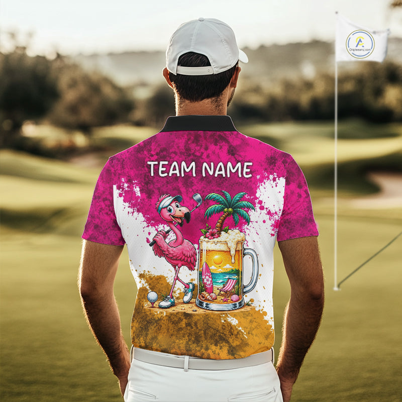 Yellow - Pink Grunge Mens Golf Polo Shirt Custom Flamingo Summer Tropical Golf Team Clothing NYN3263