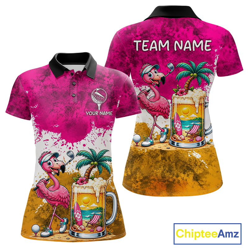 Yellow - Pink Grunge Womens Golf Polo Shirt Custom Flamingo Summer Tropical Golf Team Clothing NYN3263