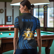Load image into Gallery viewer, Female pool player wearing Blue Tribal Skull Crown billiard jersey during tournament and league competition