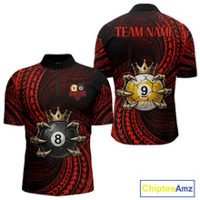 Load image into Gallery viewer, Red Tribal Skull Crown men's quarter zip billiard shirt custom cue sports team jersey, APA league uniform