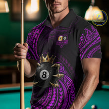 Load image into Gallery viewer, Male pool player wearing Purple Tribal Skull Crown billiard jersey during league and tournament play