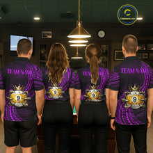 Load image into Gallery viewer, Men women billiard team wearing Purple Tribal Skull Crown custom 8 ball 9 ball uniforms