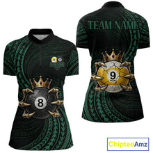 Load image into Gallery viewer, Green Tribal Skull Crown women's quarter zip billiard shirt custom pool team jersey, professional cue sports uniform