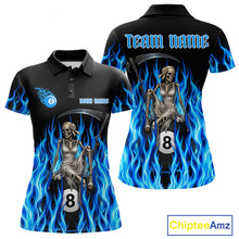 Load image into Gallery viewer, Blue Grim Reaper women's billiard polo shirt custom fire flame pool jersey, personalized 8 ball billiards apparel