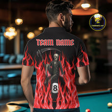 Load image into Gallery viewer, Male billiards player wearing Red Grim Reaper flame billiard jersey during tournament and league play