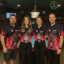 Load image into Gallery viewer, Men women billiard team wearing Red Grim Reaper custom billiard uniforms, personalized pool team jerseys
