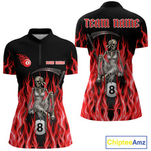 Load image into Gallery viewer, Red Grim Reaper women's quarter zip billiard shirt custom flame team jersey, professional cue sports apparel
