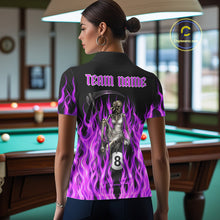 Load image into Gallery viewer, Female pool player wearing Purple Grim Reaper flame billiard jersey during APA league and BCA tournament