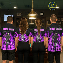 Load image into Gallery viewer, Men women billiard team wearing Purple Grim Reaper custom pool uniforms, professional billiard jersey