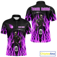 Load image into Gallery viewer, Purple Grim Reaper men's billiard polo shirt custom fire flame pool jersey, personalized billiards apparel