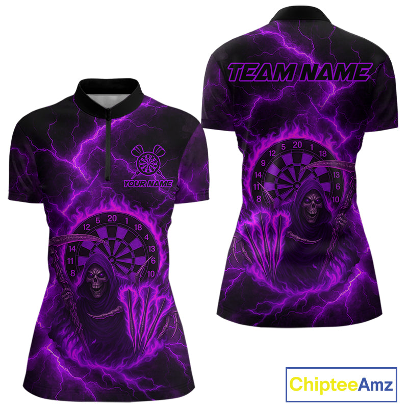 Custom Purple Flames Grim Reaper Lightning Dart Women 1/4-Zip Jerseys Outfits Dart Gifts NYN1720