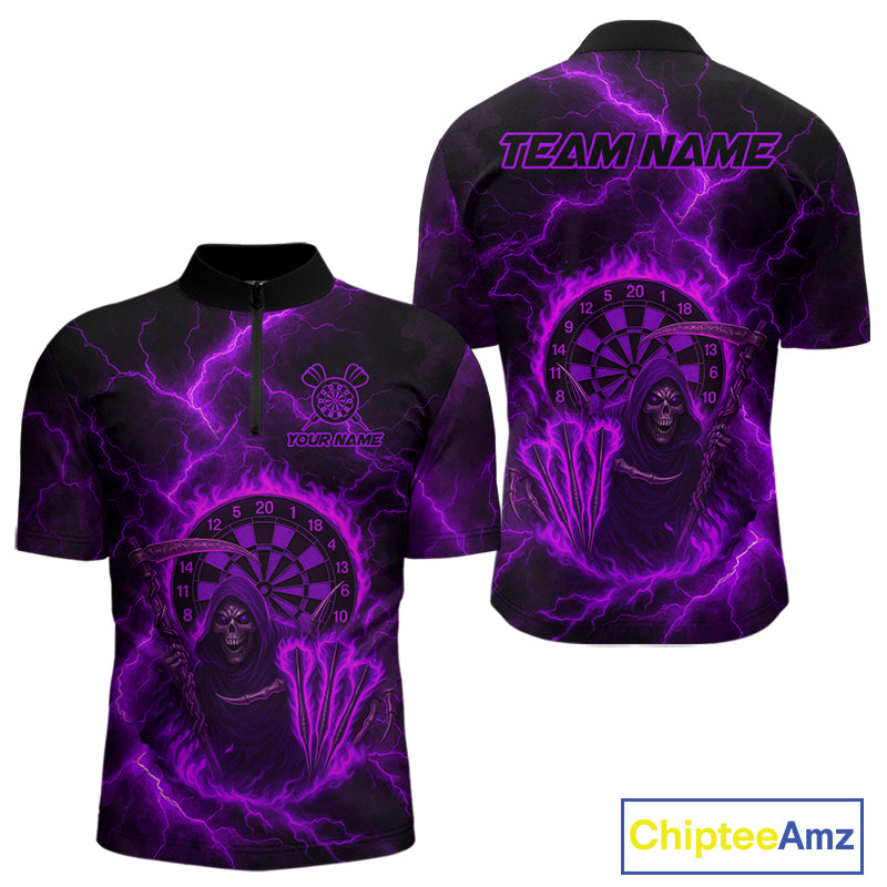 Custom Purple Flames Grim Reaper Lightning Dart Men 1/4-Zip Jerseys Outfits Dart Gifts NYN1720