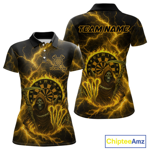Custom Yellow Flames Grim Reaper Lightning Dart Women Polo Jerseys Outfits Dart Gifts NYN1721