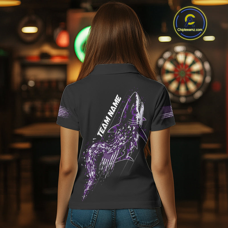 Custom Black And Purple US Flag Digital Camo Shark Darts Polo Shirt For Women Dart Gifts NYN1995