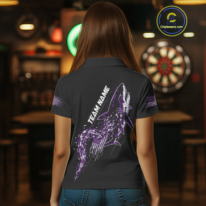 Custom Black And Purple US Flag Digital Camo Shark Darts Polo Shirt For Women Dart Gifts NYN1995