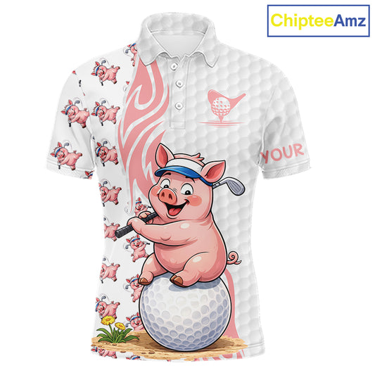 Funny Pig Polo Shirt Mens Golf Polo Shirts Custom Golfing Pig White Golf Pattern Golf Shirts NYN2883