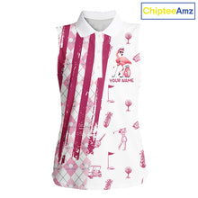 Load image into Gallery viewer, Custom Funny Flamingo Womens Golf Shirt Sleeveless Polo, Pink Paint Argyle Pattern Golf Team Outfits For Ladies NYN3095