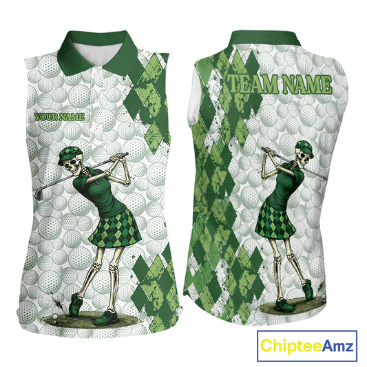 Funny Womens Golf Sleeveless Polo Shirt Custom Green Argyle Pattern Golf Ball Personalized Skull Golf Shirts NYN3100