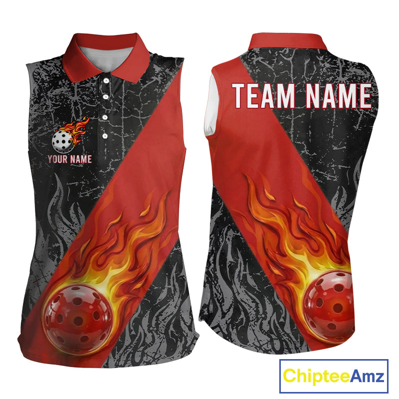 Fire Flame Pickleball Ball Custom Pickleball Sleeveless Polo For Women, Grunge Pickleball T-Shirt Tops | Red NYN3102