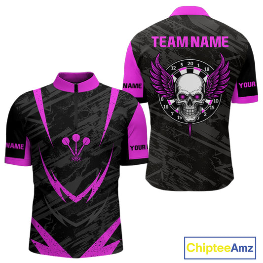 Men's Custom Darts Team Shirt - Purple Wings Skull Dartboard With Grunge Pattern NYN0324