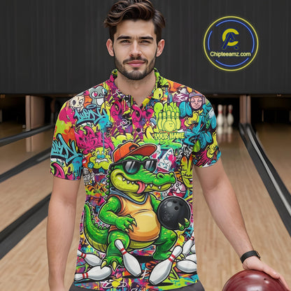 Funny Cool Crocodile Mens Bowling Shirts Custom Green Graffiti Team Bowling Jersey For Bowlers NYN3271