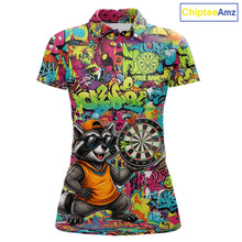 Load image into Gallery viewer, Cool Raccoon Dartboard Graffiti women's darts polo shirt, funny dart jersey, custom dart team apparel, personalized darts uniform