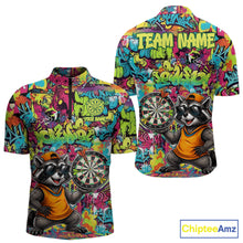 Load image into Gallery viewer, Cool Raccoon Dartboard Graffiti men's quarter zip darts shirt, custom funny dart team jersey, tournament darts apparel