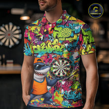 Load image into Gallery viewer, Male darts player wearing Cool Shark Dartboard Graffiti jersey during professional darts competition