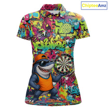 Load image into Gallery viewer, Cool Shark Dartboard Graffiti women's darts polo shirt, custom funny shark dart jersey, personalized dart team uniform