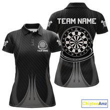 Load image into Gallery viewer, Black White Dartboard women's darts polo shirt, custom dart team jersey, personalized dartboard uniform, tournament darts apparel