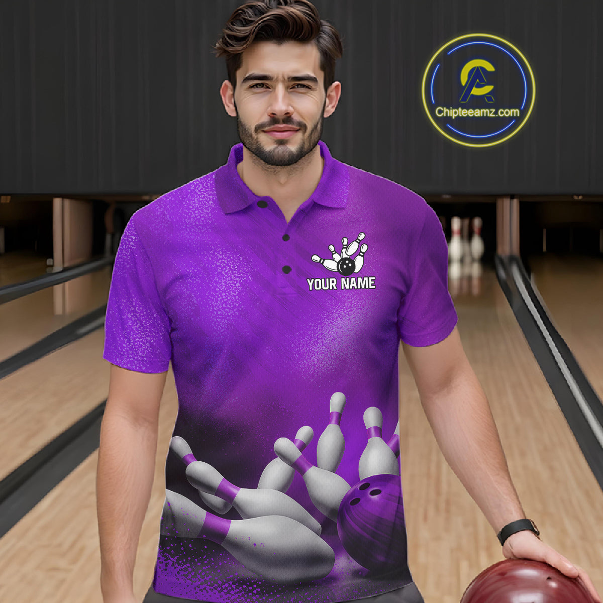 Male bowler wearing Purple bowling shirt featuring modern athletic design, victory mindset, team pride, personalized tournament apparel.