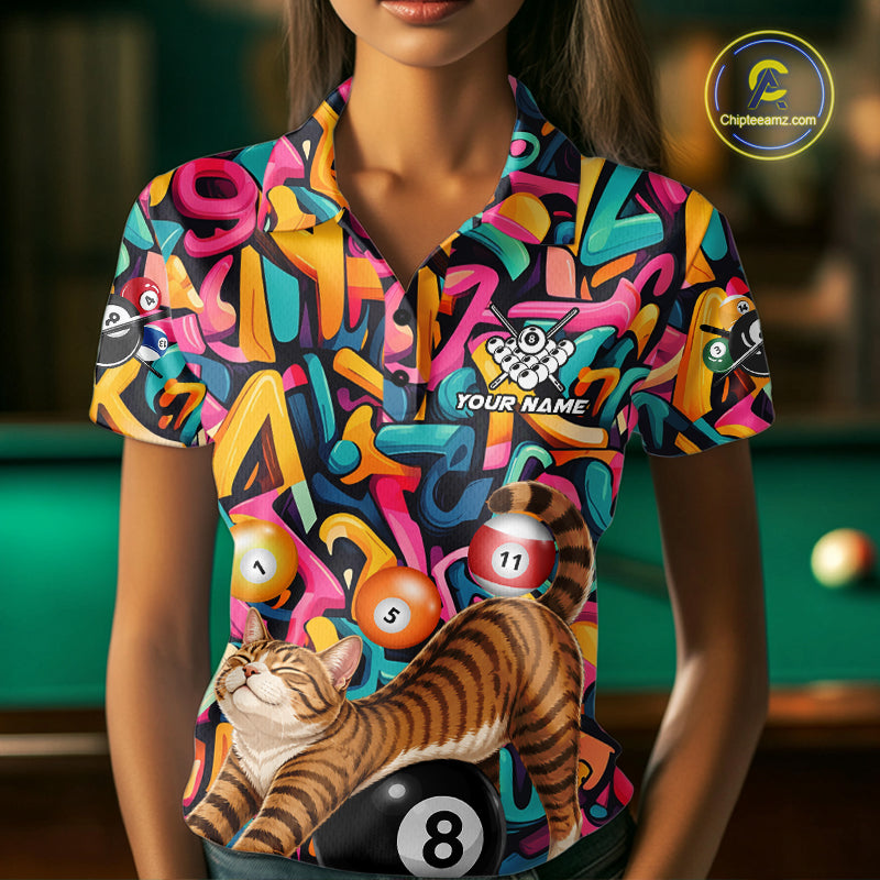 Female model wearing Funny Cat Graffiti personalized billiard polo, colorful 8 Ball design, custom pool team apparel, league uniform, sports club fashion, matching team outfit.
