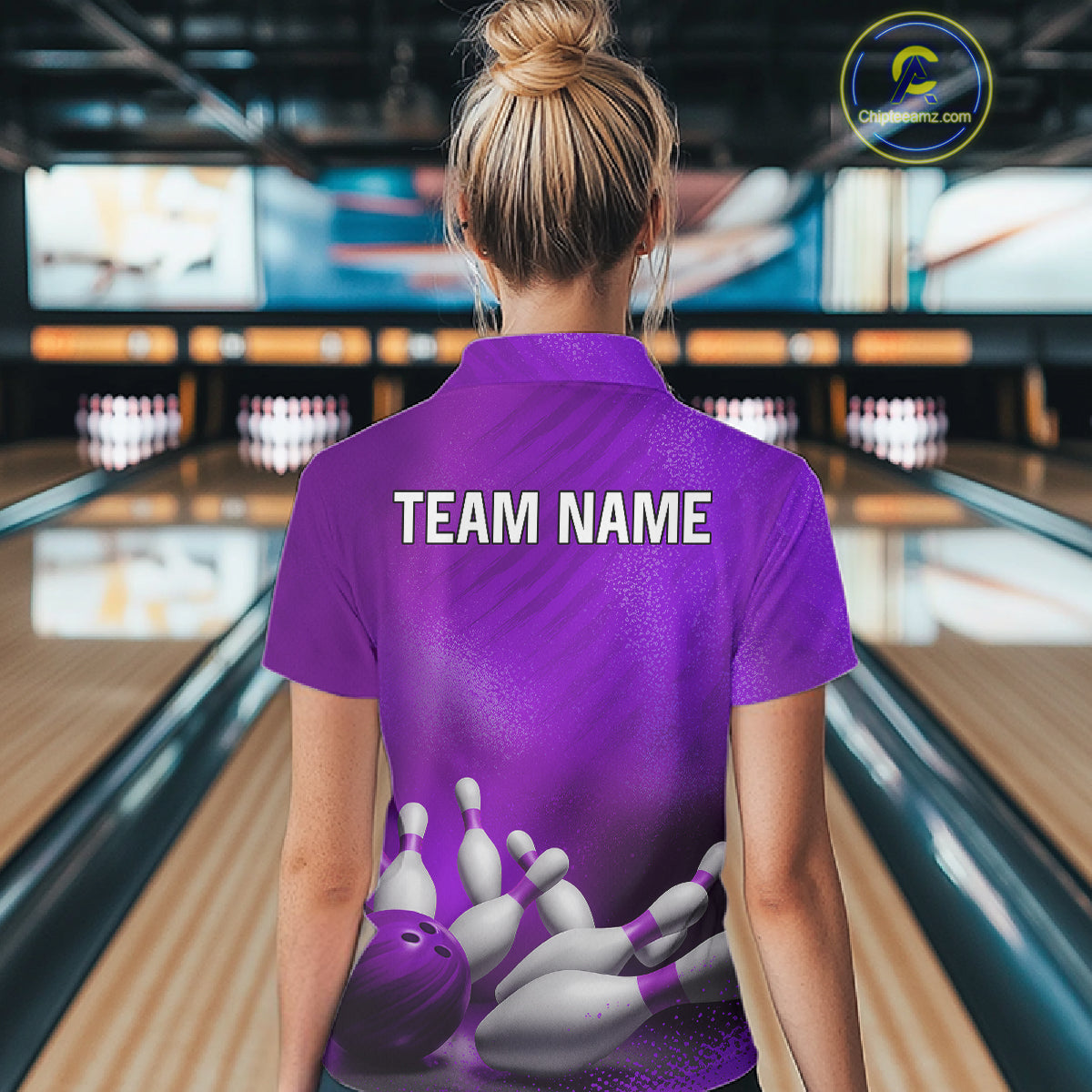 Female bowler modeling Purple bowling jersey symbolizing confidence, creativity, ambition, leadership, personalized athletic bowling apparel.