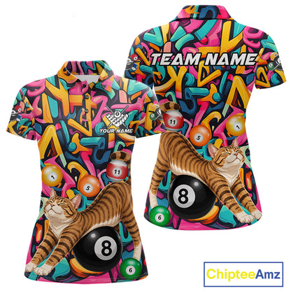 Custom women's Funny Cat Graffiti billiard polo shirt featuring colorful 8 Ball artwork, personalized pool league jersey, APA and BCA team apparel, custom billiard club shirt, moisture-wicking performance polo, fun cue sports clothing, gift for cat lovers and pool players.