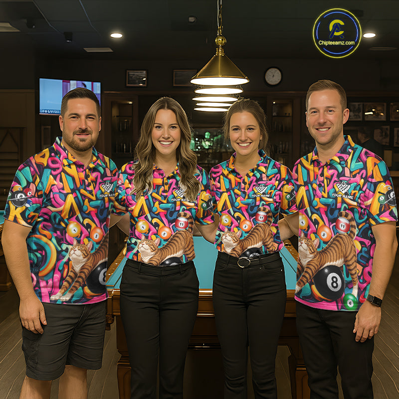 Pool team wearing matching Funny Cat Graffiti custom billiard jerseys, personalized names, billiard league uniforms, billiard  tournament apparel, team shirts, colorful custom sports uniforms.
