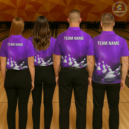 Professional bowling team wearing matching Purple jerseys with personalized names, league uniforms, teamwork, unity, excellence, championship sportswear, corporate bowling apparel.