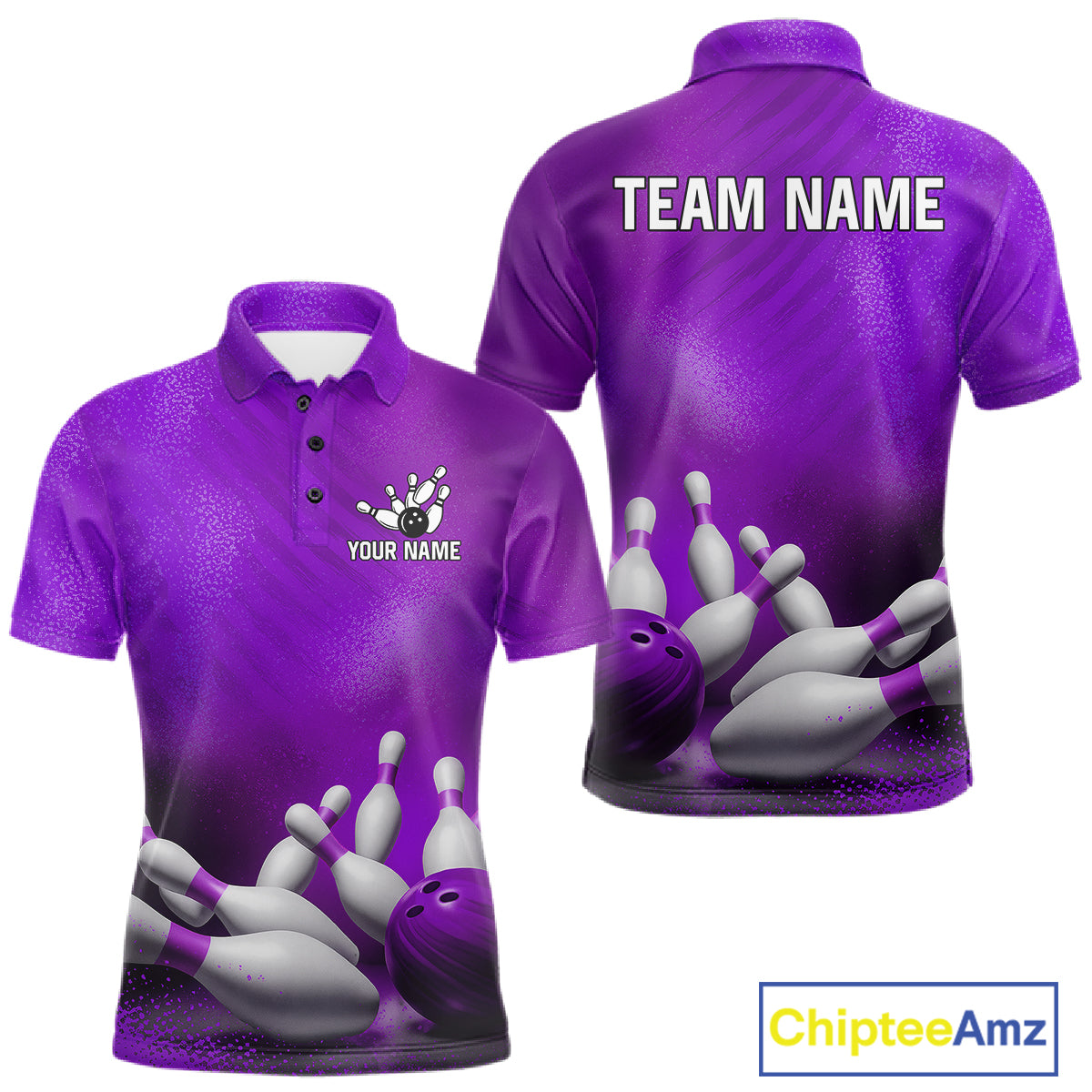 Custom Purple Bowling Polo featuring personalized team graphics, breathable athletic fabric, custom bowling jersey, performance sportswear, championship league apparel.