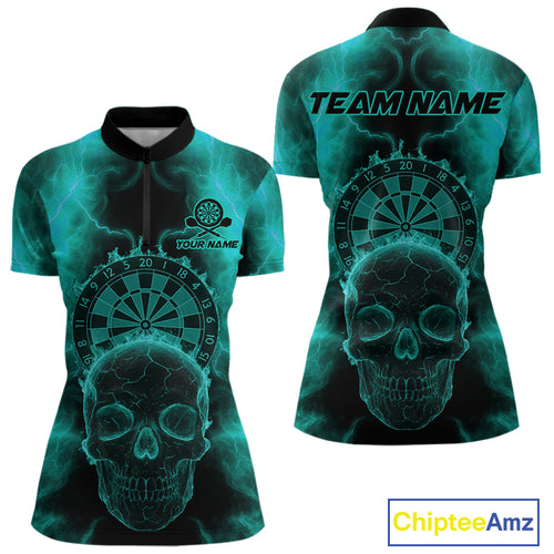 Custom Turquoise Skull Lightning Dartboard Dart Quarter-Zip Jerseys For Women Outfits Dart Shirts NYN1729