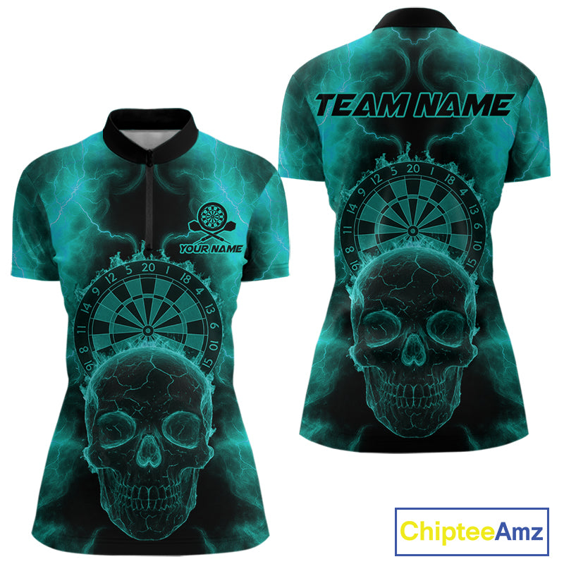 Custom Turquoise Skull Lightning Dartboard Dart Quarter-Zip Jerseys For Women Outfits Dart Shirts NYN1729