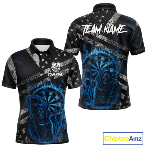 Custom Grunge US Flag Blue Smokes Skeleton Dart Men Polo Jerseys Patriotic Dart Shirts NYN1730