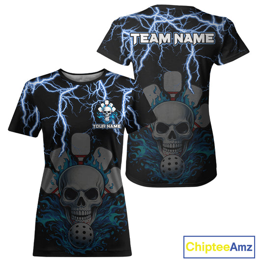 Custom Thunder Blue Flaming Skull Paddle & Ball Pickleball Jerseys Women Pickleball Shirts NYN2229