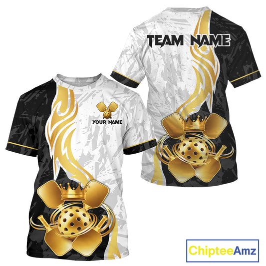 Black-White Gold Crown Pickleball Paddle & Ball Jerseys Custom Men Pickleball League Shirts NYN2234