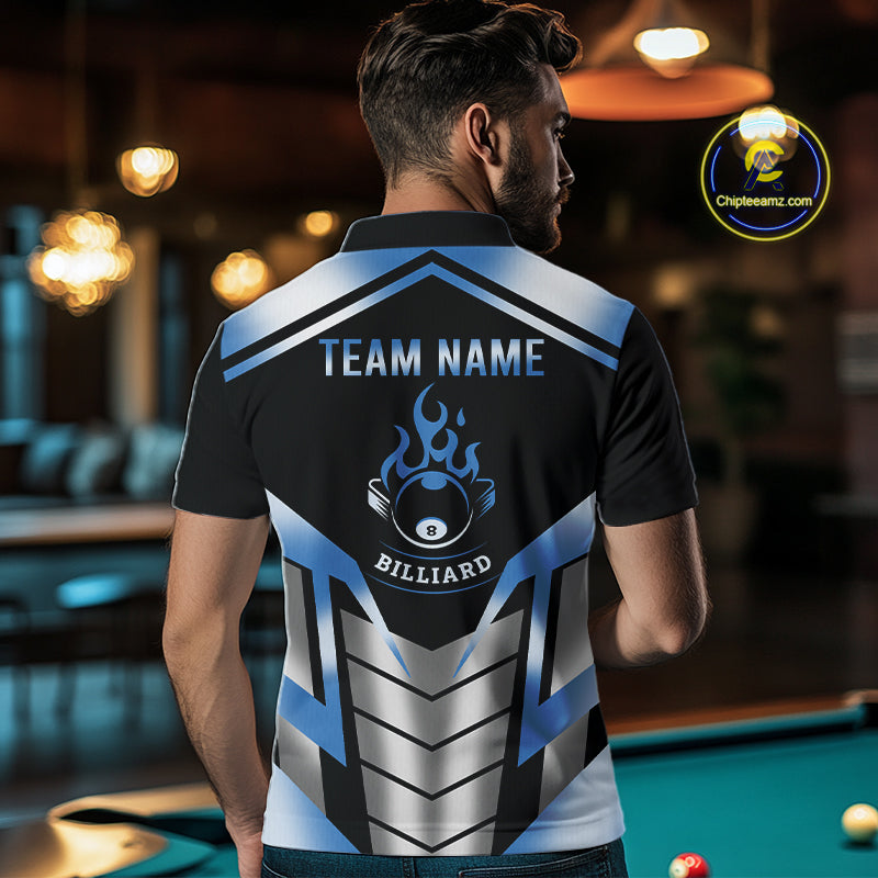 Custom Flame 8 Ball Pool Men Billiard Ball Shirts Gradient Blue & Silver Billiard Pool Jerseys NYN2895