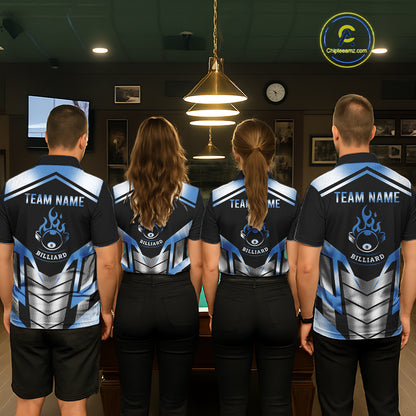 Custom Flame 8 Ball Pool Women Billiard Ball Shirts Gradient Blue & Silver Billiard Pool Jerseys NYN2895