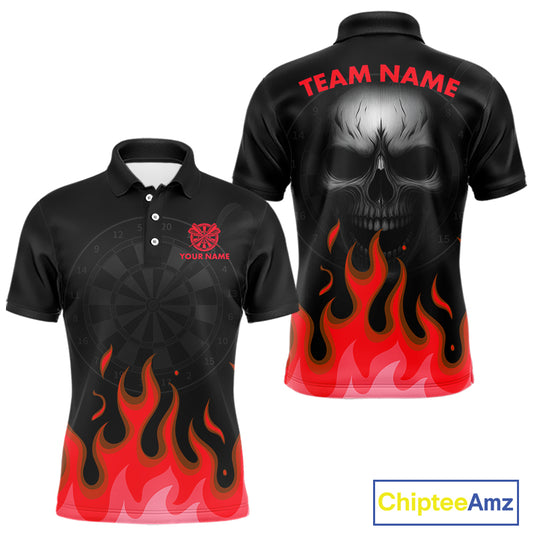 Maroon Flaming Dartboard Grey Skull Darts Shirt For Men - Custom Name & Team Jersey NYN0598