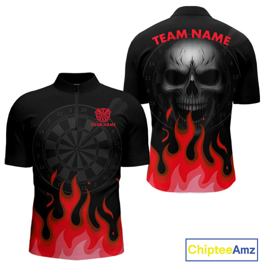 Maroon Flaming Dartboard Grey Skull Darts Shirt For Men - Custom Name & Team Jersey NYN0598