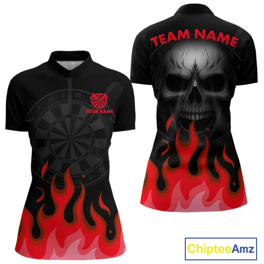 Maroon Flaming Dartboard Grey Skull Darts Shirt For Women - Custom Name & Team Jersey NYN0598