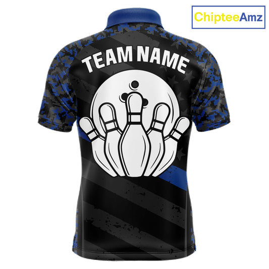 Grey Blue American Flag Men's Bowling Polo Shirt, Personalized Patriotic Bowling Team Jersey, Camouflage Performance Apparel, League Tournament Uniform