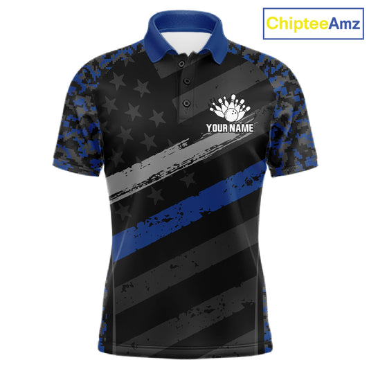 Grey Blue American Flag Men's Bowling Polo Shirt, Personalized Patriotic Bowling Team Jersey, Camouflage Performance Apparel, League Tournament Uniform